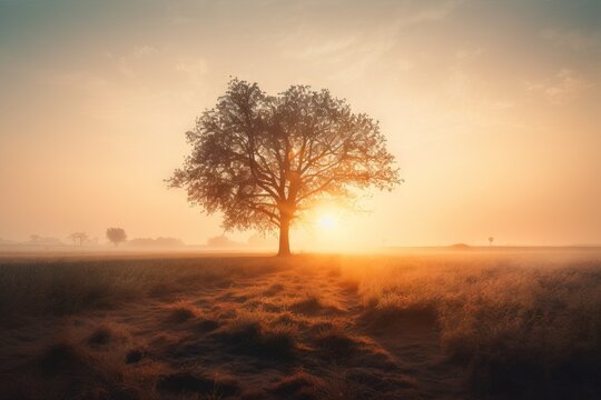  a tree in a field with the sun setting in the background and a foggy sky in the foreground, with the sun setting in the distance. generative ai © Natalja