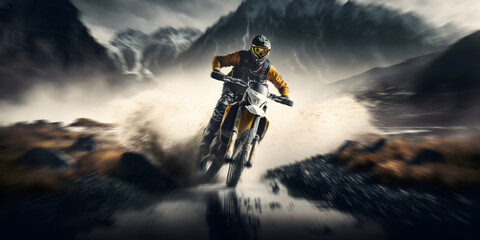 Banner Extreme motocross jump on bike with water splash, background mountain. Generation AI