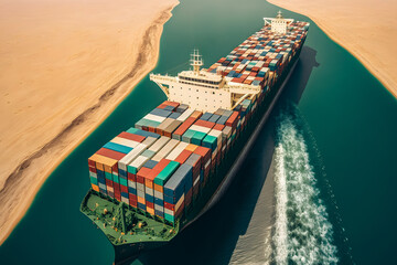 Accident crash Container cargo ship in transportation canal, aerial top view. Concept Global problem with marine traffic. Generation AI