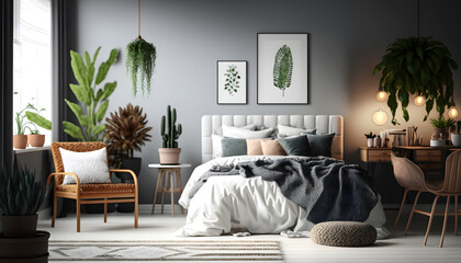 Bedroom interior Scandinavian style with flowers plants botanic, natural materials, large window. AI generation