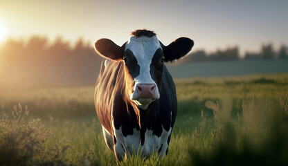 cow at green field portrait at sunrise sunset new quality stock image animal illustration desktop wallpaper design, Generative AI