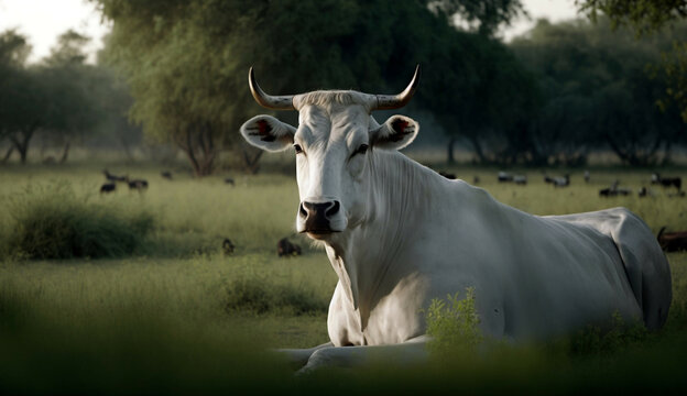 cow at green field portrait new quality stock image animal illustration desktop wallpaper design, Generative AI