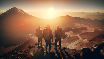 Group tourists of hiker sporty people on top of mountains at sunset with backpacks. Concept banner adventure with copy space. Generation AI