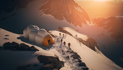 Tourist hiker camp with orange tents, transit point for climbing Everest, sun light. Generation AI - obrazy, fototapety, plakaty