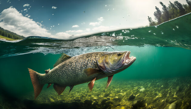 Sport fishing, Predatory fish salmon trout under water and fisherman. Generation AI