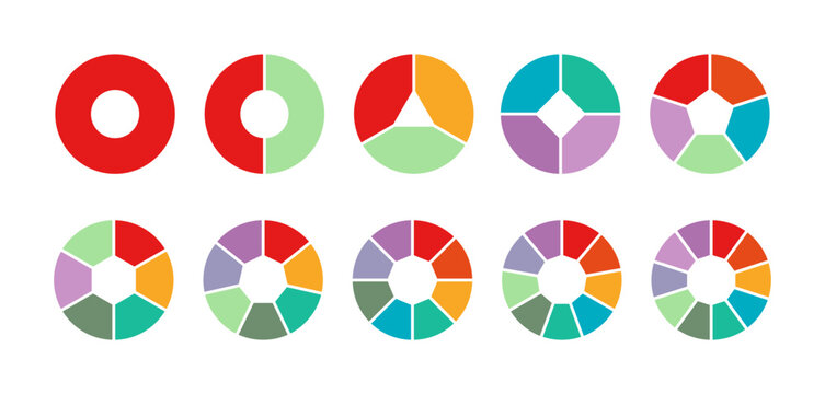set of colored pie charts for 1,2,3,4,5,6,7,8,9,10 steps or sections to illustrate a business plan, infographic, reporting.