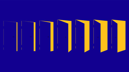 Opening doors set. Stages of opening the door. Light from an open door. Design for banners, posters and promotional items. Vector illustration