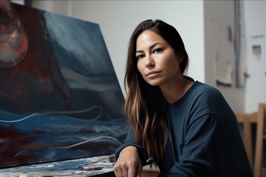 American Woman Contemporary Artist Posing In Her Studio. Generative AI.