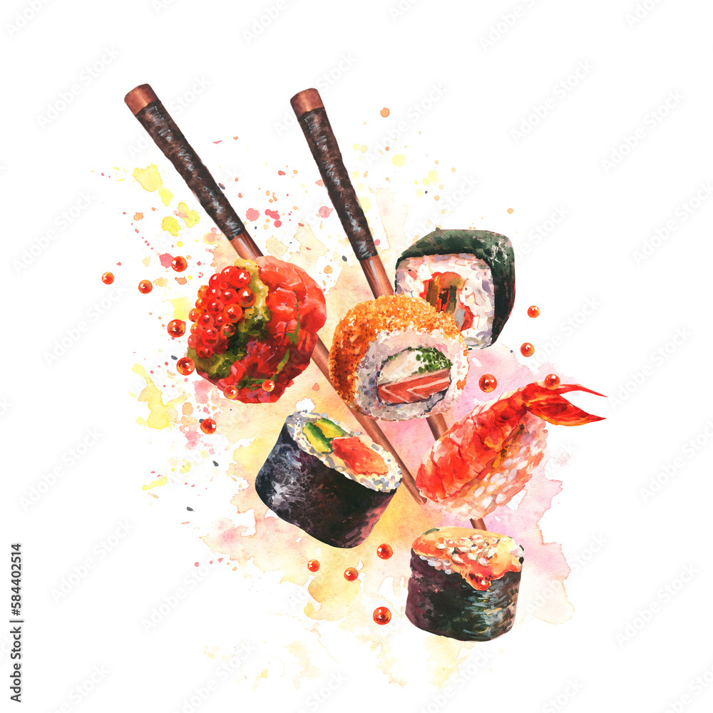 Wall mural Watercolor illustration of delicious sushi and rolls set with chopsticks in motion on white background. Cafe logo, signboard, asian cuisine, menu page, ad banner design.