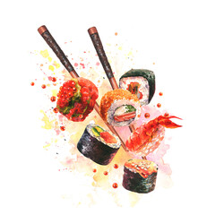 Watercolor illustration of delicious sushi and rolls set with chopsticks in motion on white background. Cafe logo, signboard, asian cuisine, menu page, ad banner design.