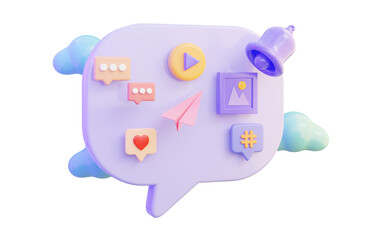 social media speech bubble communication notification bell icon white background 3d render concept