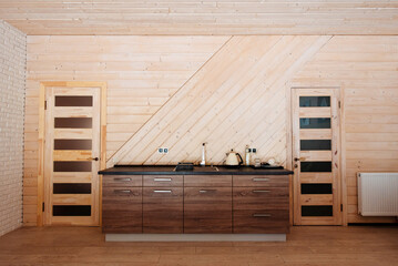 Modern wooden interior kitchen in pastel colours
