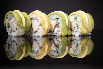 Assorted sushi rolls with salmon tuna cucumber and sesame seeds on dark background © Lemonade