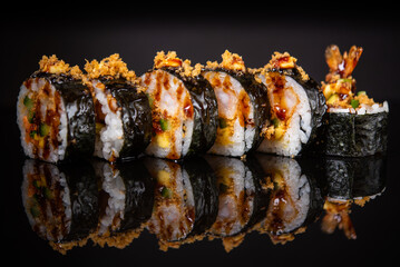 Assorted sushi rolls with salmon tuna cucumber and sesame seeds on dark background © Lemonade
