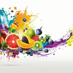 Fotobehang A generative AI design with tropic fruit splash on a white background with copy space © Jovana