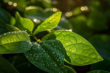 Green leaves in the rays of the morning rising sun and dew drops. AI Generated