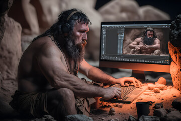 Neanderthal man or homo sapiens use computer laptop browsing internet. Generation AI