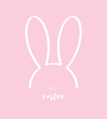 Happy Easter. Simple Minimalist Easter Holidays Vector Card. Cute White Long Rabbit Ears Isolated on a White Pastel Pink Drawn Print with Funny Bunny Ears and Easter Wishes.