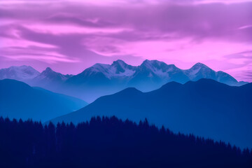 Purple sunset in the mountains. Generative AI.