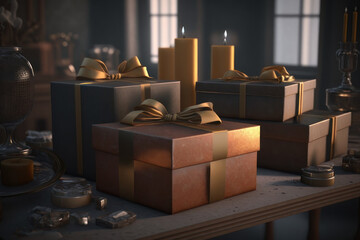 Christmas gifts and candles. AI generative.