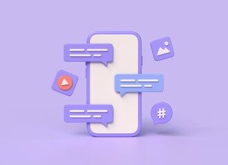 3d mobile phone with chat on screen, video player and images icon, hashtag icon. the concept of communication in social networks. digital marketing. illustration on purple background. 3d rendering