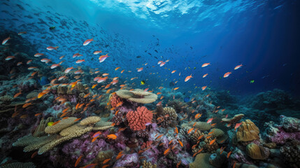 Fototapeta na wymiar A school of colorful fish swimming around a coral reef