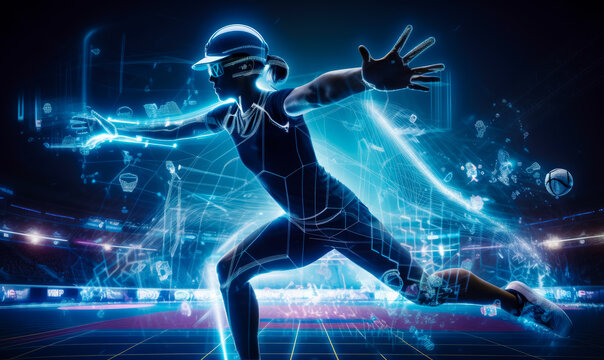 Female sportswoman spread her arms to the sides. Athlete in helmet and glasses on the stadium. Futuristic abstract neon lines and figures around. Generative AI.
