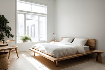 A serene and minimalist bedroom with a platform bed, white bedding, and a simple wooden headboard, featuring a neutral color palette and plenty of natural light. Empty wall