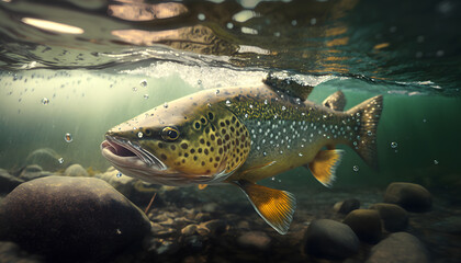Fototapeta premium Predatory fish salmon trout in habitat under water looking for prey. Sport fishing concept. Generation AI