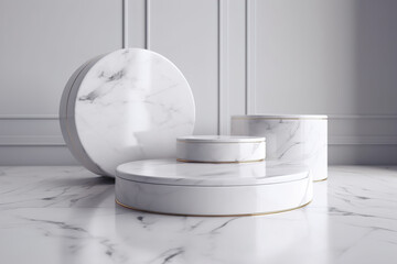 Marble platform, empty smooth stone round pedestals in the room. Generative AI