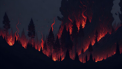 Wildfire, forest burning, 4k digital painting. Illustration of trees that burn. Wild flames raging trough the environment. Background, wallpaper. Red flames (ai generated)