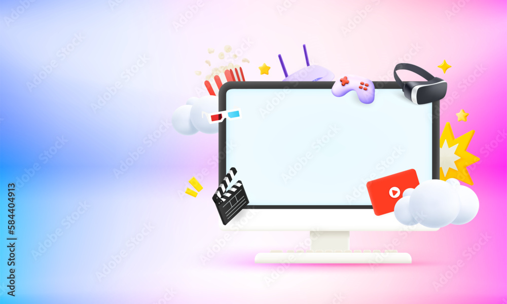 Fototapete Computer monitor with video entertainment elements and blank screen. 3d vector banner with copy space