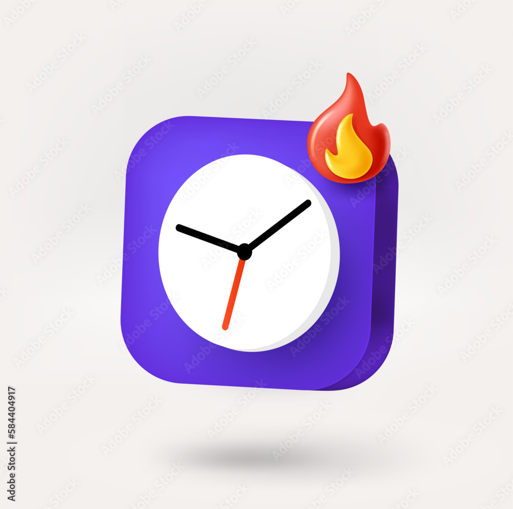 Poster clock icon with bonfire. deadline concept. 3d vector icon isolated on white background