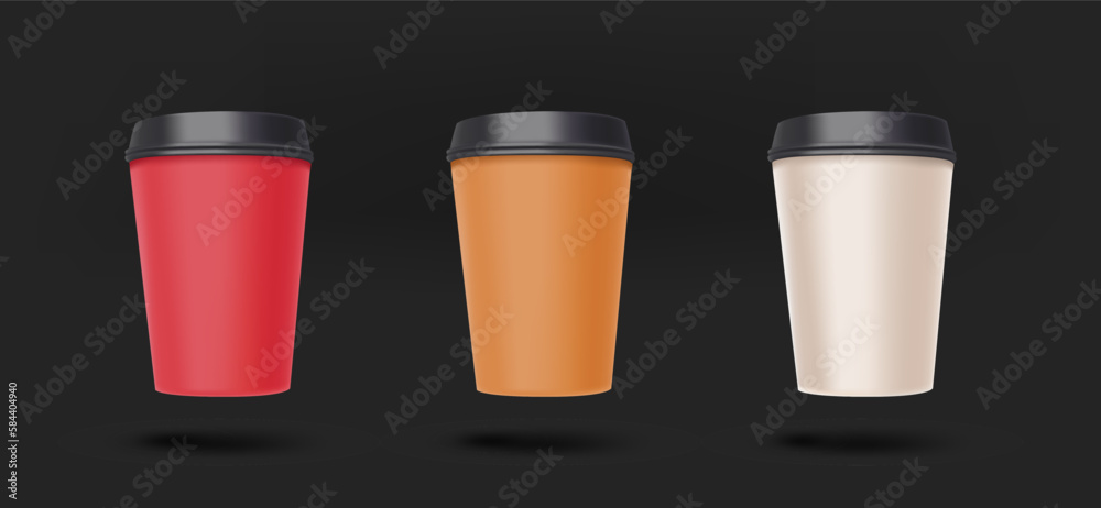 Poster Different color paper coffee cups collection. 3d vector isolated on black background