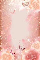 Blush Rose Background Glitter Silhouettes Flowers Butterflies Vertical Mobile Postcard. Generative AI