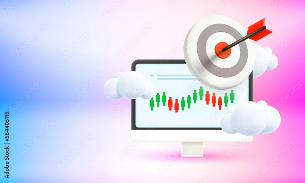 Poster Online trading concept with darts and charts. 3d vector banner with copy space