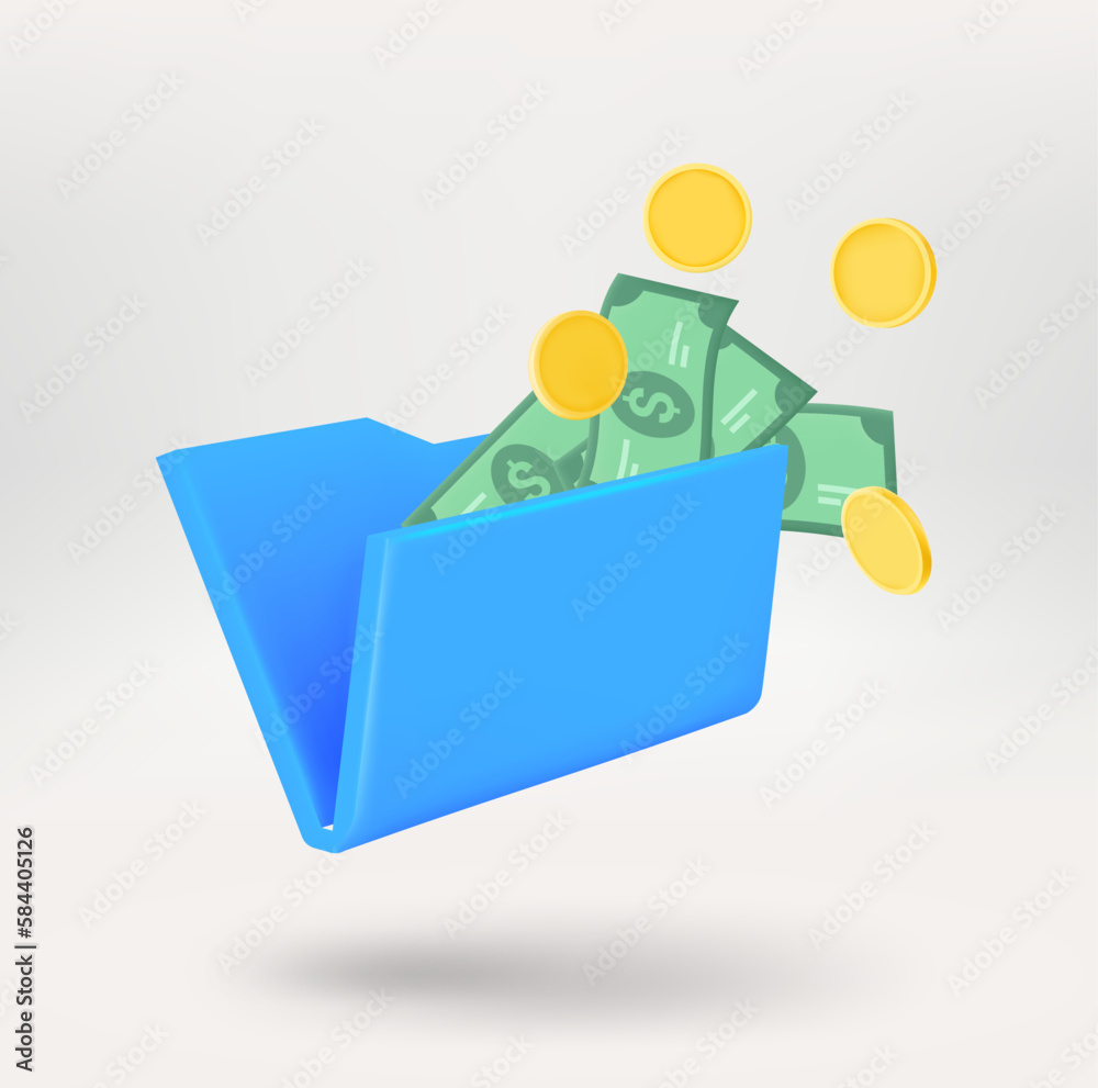 Poster blue folder with paper sheets with money. 3d vector icon isolated on white background
