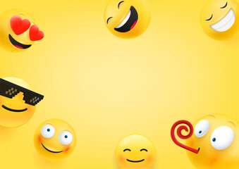 Different happy emojis. 3d vector banner with copy space