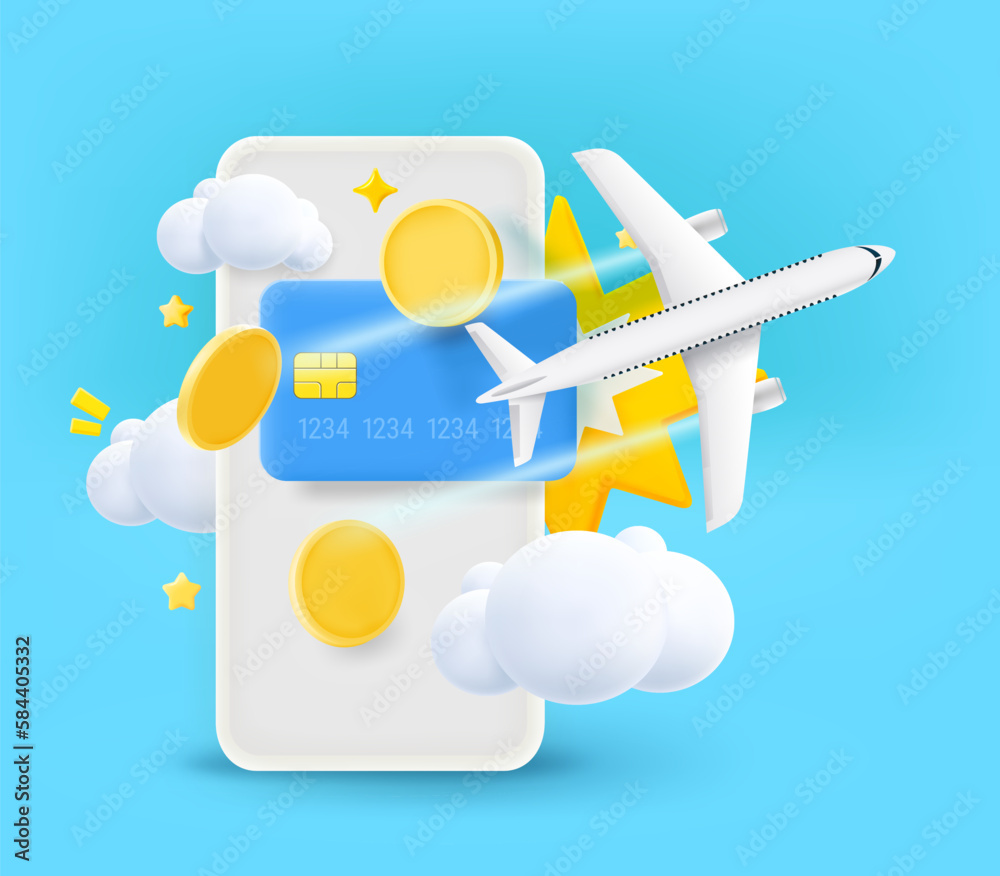 Poster digital online payment via modern smartphone. bying tickets concept. 3d vector illustration