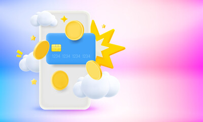 Digital online payment via modern smartphone. 3d vector banner with copy space © tovovan