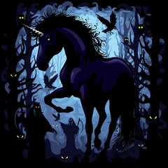 Unicorn Black Magic, Dark Side Demonic Fantasy Creature surrounded by crows, owls, grim reapers, in a Misty Forest full of creepy eyes Vector Illustration 