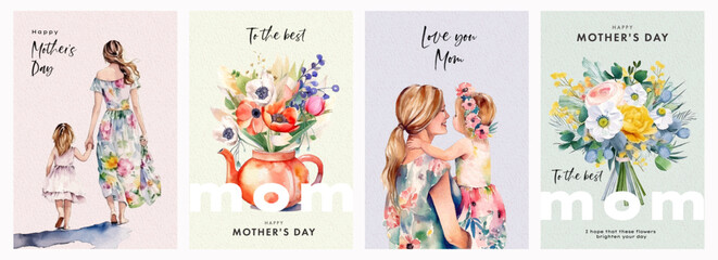 Set of Mothers Day card with cute  trendy watercolor illustrations of mom and daughter, bouquet of spring flowers, modern typography and holiday wishes. Mothers day templates for poster, cover, banner - obrazy, fototapety, plakaty