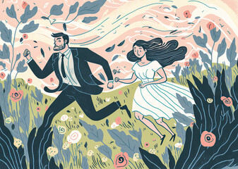 Two married people are running through a field of flowers; their veil and tie are both made of colorful ribbons to depict the joy and freedom of marriage. Generative AI