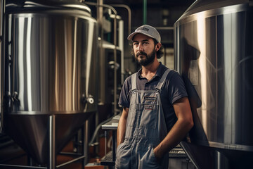 Fototapeta na wymiar Portrait of brewer in interior of modern brewery. Generative AI illustration