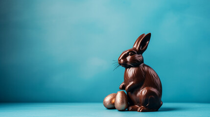 Osterhase aus Schokolade vor blauem Hintergrund, generative KI