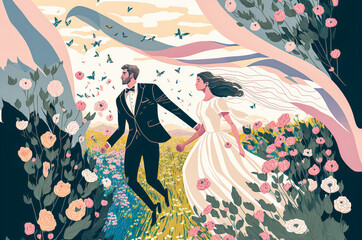 Bride and groom run through a colorful field, the image conveying the joy and freedom of marriage in an exaggerated and playful way. Generative AI