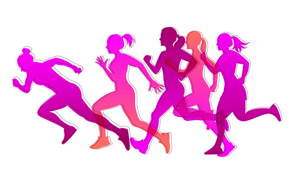 Women are running. Silhouettes in a pink gradient and a dark line.