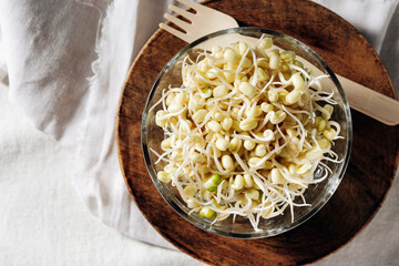 Bowl of fresh mung bean sprouts.