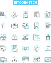 Bitcoin tech vector line icons set. Bitcoin, Tech, Blockchain, Cryptocurrency, Mining, Digital, Exchange illustration outline concept symbols and signs