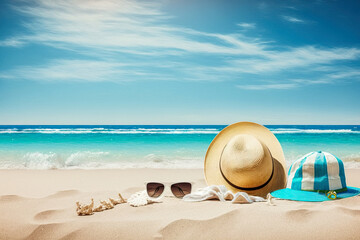 Fototapeta na wymiar Straw hat, towel, sunglasses and flip flops on the beach